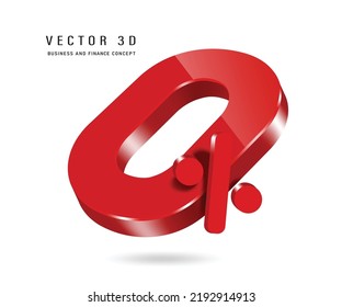 Números 0% brillante 3D rojo en vista oblicua flotando en fondo blanco,vector para el diseño de promoción publicitaria cerca del 0% de interés o reducción de honorarios,vector aislado para el concepto de negocios y financiero 