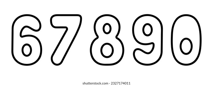 Numbers from 0,6,7,8,9. Arabic number symbols with rounded corners. Sketch. Vector illustration. Doodle style. Coloring book. Counting training. Outlines on an isolated background. Idea for web design