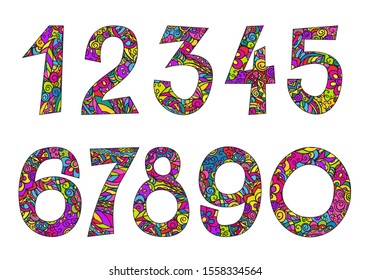 Numbers 0-9. Hand drawing color doodling vector icons set. Isolated illustration on a white background.