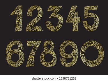 Numbers 0-9. Hand drawing golden doodling vector icons set. Isolated style illustration on a black background.