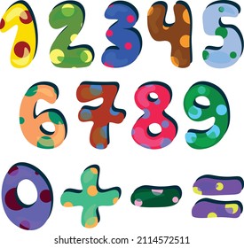 Números 0-9 y signos matemáticos: más, menos, igual. Números y signos multicolores con puntos de polka grandes