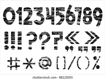 Numbers 0-9 and punctuation marks on grunge style.Vector