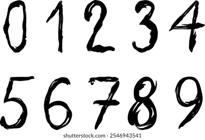 Numbers 0-9 written with a brush. Gouache Scribble vector graphic design elements. 