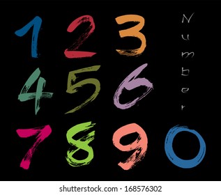 Numbers 0-9 written with a brush on a black background