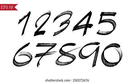 Numbers 0-9 written with a brush on a white background