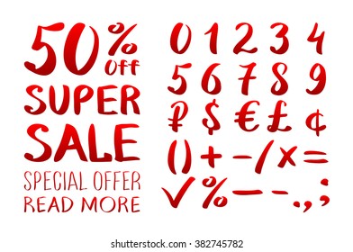 Numbers 0-9 written with a brush on a white background lettering. Super Sale. Big sale. Sale tag. Sale poster. Sale vector. Super Sale and special offer. 50% off. Vector illustration. art
