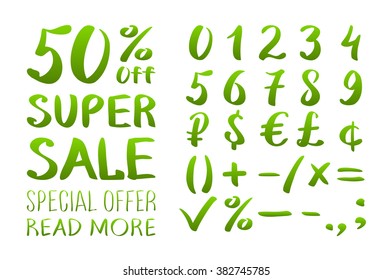 Numbers 0-9 written with a brush on a white background lettering. Super Sale. Big sale. Sale tag. Sale poster. Sale vector. Super Sale and special offer. 50% off. Vector illustration. art