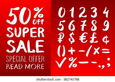 Numbers 0-9 written with a brush on a red background lettering. Super Sale. Big sale. Sale tag. Sale poster. Sale vector. Super Sale and special offer. 50% off. Vector illustration. art