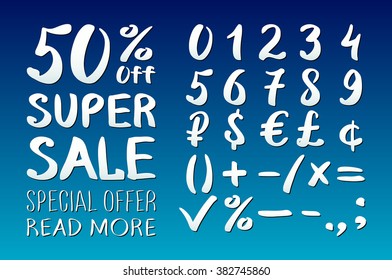 Numbers 0-9 written with a brush on a blue background lettering. Super Sale. Big sale. Sale tag. Sale poster. Sale vector. Super Sale and special offer. 50% off. Vector illustration. art