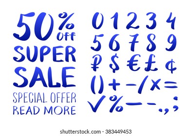 Numbers 0-9 written with a brush on a white background lettering. Super Sale. Big sale. Sale tag. Sale poster. Sale vector. Super Sale and special offer. 50% off. Vector illustration. art