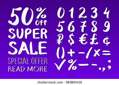 Numbers 0-9 written with a brush on a violet background lettering. Super Sale. Big sale. Sale tag. Sale poster. Sale vector. Super Sale and special offer. 50% off. Vector illustration. art