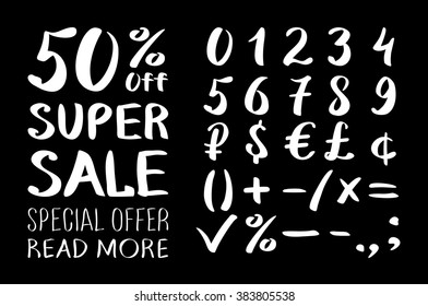 Numbers 0-9 written with a brush on a black background lettering. Super Sale. Big sale. Sale tag. Sale poster. Sale vector. Super Sale and special offer. 50% off. Vector illustration. art