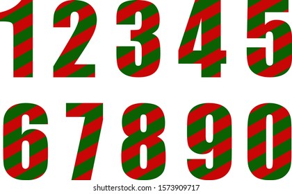 Numbers from 1 to 0 with red and green stripes