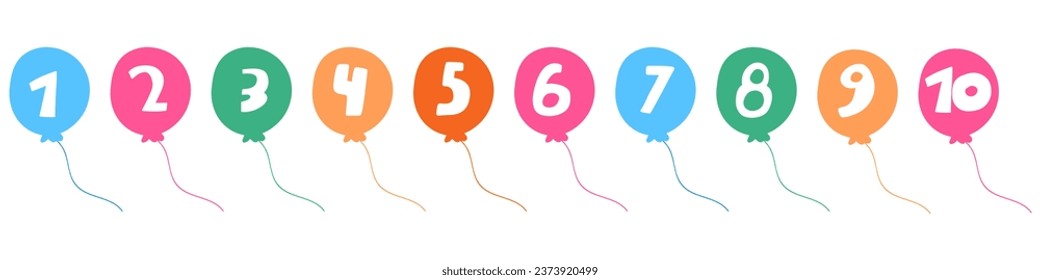 Numbers 1 - 10. Air balloons.  Learning to count. Birthday concept. Hand drawn vector graphic design on white background. 