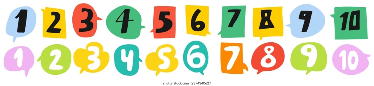 Numbers 1 - 10. Colorful speech bubbles. Graphic design. Hand drawn vector illustration on white background.