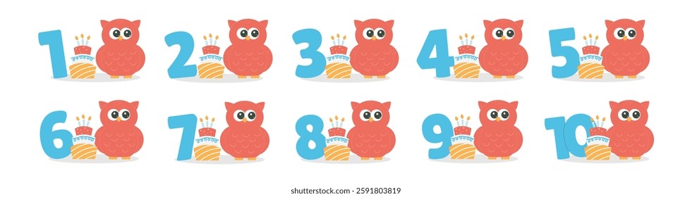 Numbers from 1 to 10, cute owl character, cake vector set. Beautiful elements for Kids Birthday Party invitation, greeting card, poster, event, prints and cake toppers design