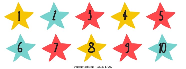 Numbers 1 - 10. Cute stars. Learning to count for children. Vector. Design illustration.