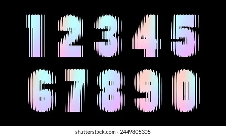 Numbers from 1 to 10 with the effect of glass, refraction. Hologram break distort numbers on black background. Vector cartoon illustration