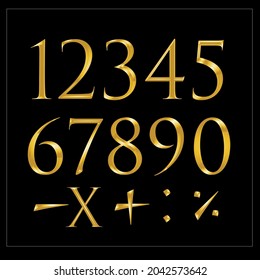 Numbers from 1 to 10 with gold texture on black background. Numbers for projects in the concept of lugo. Math signs