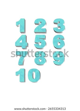 Numbers 1 to 10 illustrated in turquoise blue 3D style with tropical leaf texture and soft shadow effect.
