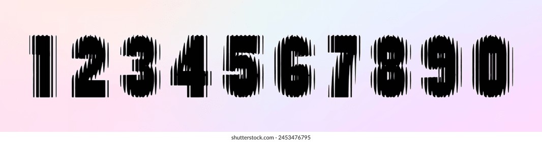 Numbers from 1 to 10 ribbed glass effect, refraction. Break numbers on holographic background. Vector illustration