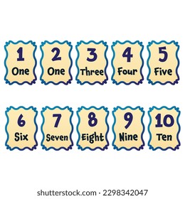 Numbers from 1 to 10 with words colored flashcards set, material in English for education. Vector illustration