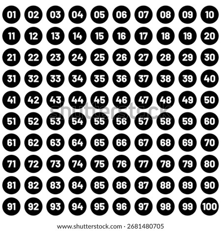 Numbers 1 - 100 - Black Circle , Inner White Border with White Numbers. eps 10