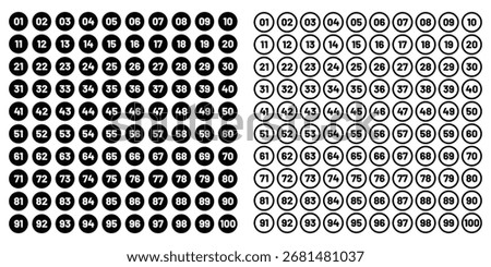 Numbers 1 - 100 - Black Circle , Inner White Border with White Numbers. eps 10