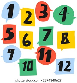 Numbers 1 - 12. Colorful speech bubbles. Learning to count for children. Hand drawn vector illustration. White background.