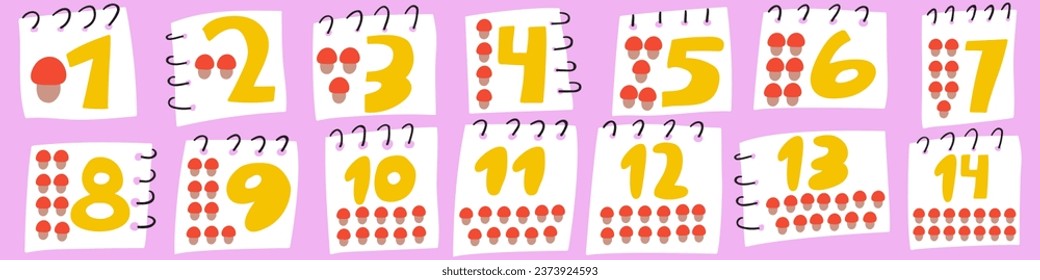 Numbers 1 - 14. Paper notes.   Learning to count. Happy Birthday for kids. Hand drawn vector graphic design on pink background. 