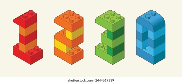 Numbers 1, 2, 3, 0 from Plastic building blocks. Colored bricks isolated on white background. Vector 3d illustration.