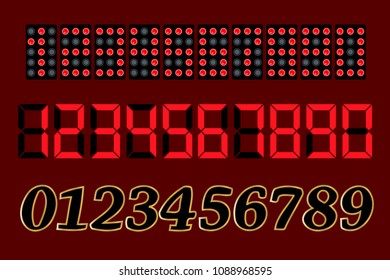 Numbers 1, 2, 3, 4, 5, 6, 7, 8, 9, 0. Electron, diode, dial, glowing , led . Vector