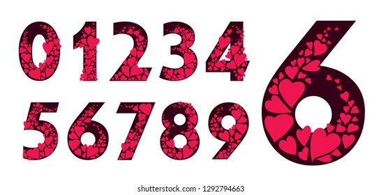 Numbers 1 2 3 4 5 6 7 8 9 0 with the decor of red hearts. Numbers for a holiday, wedding, birthday, anniversary, celebration.  Isolated on white background. 