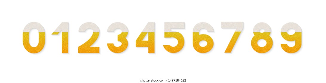 Numbers 1, 2, 3, 4, 5, 6, 7, 8, 9, 0 made of beer, bubbles and foam isolated on white. Creative Oktoberfest vector alphabet. Sans serif font. Easy to edit template for your design.