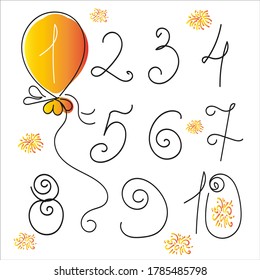 Numbers 1, 2, 3, 4, 5, 6, 7, 8, 9, 0 for holiday greetings in a balloon with a salute. doodling line on a white background. For greetings and calendar, design and printing. Vector