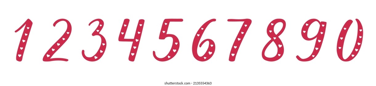 The numbers 1, 2, 3, 4, 5, 6, 7, 8, 9, 0 handwritten lettering modern brush calligraphy. Hand-drawn red digits decorated with hearts on white background. For weddings, Valentine's Day, February 14. 