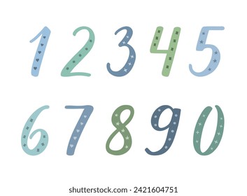 Numbers 1, 2, 3,  4, 5, 6, 7, 8, 9, 0 handwritten lettering with thick and thin lines. Blue and green figures decorated with patterns on white background. Festively decorated digits.