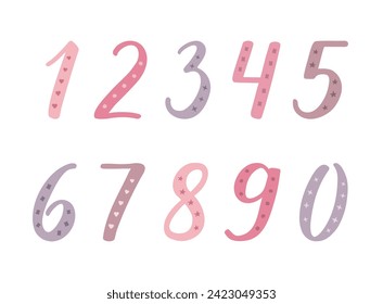 Numbers 1, 2, 3,  4, 5, 6, 7, 8, 9, 0 handwritten lettering with thick and thin lines. Pink and purple figures decorated with patterns on white background. Festively decorated digits. Girl palette.