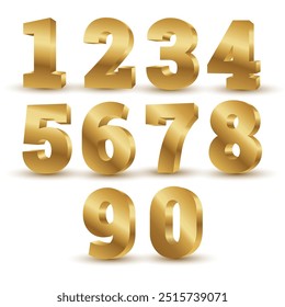 Numbers 1, 2, 3, 4, 5, 6, 7, 8, 9 gold suitable for party, holiday, sale, promotion, anniversary, birthday, grand opening, award, celebration logo, badge, icon, sticker, label, symbol vector isolated.