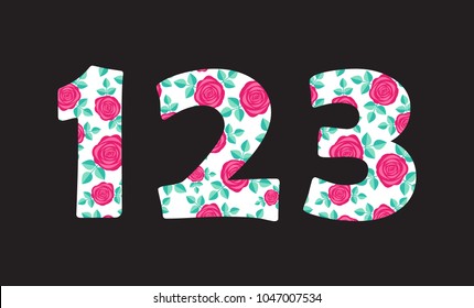 Numbers 1 2 3 of beautiful cute spring hand drawn roses isolated on black background. Element of floral digit. Perfect for anniversary, wedding decoration etc. Vector illustration, numeral element