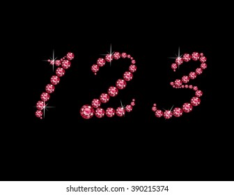 Numbers 1, 2 and 3 in stunning Ruby Script precious round jewels, isolated on black. Vector EPS-10 file, transparency used. 