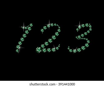 Numbers 1, 2 and 3 in stunning Emerald Script precious round jewels, isolated on black. Vector EPS-10 file, transparency used. 