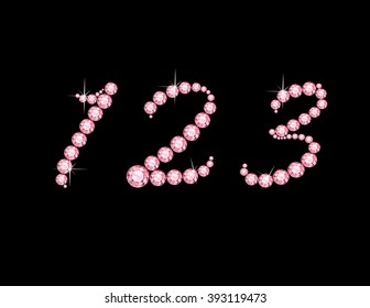 Numbers 1, 2 and 3 in stunning Rose Quartz Script precious round jewels, isolated on black. Vector EPS-10 file, transparency used. 