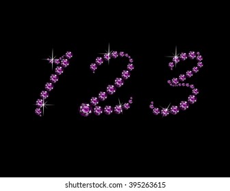 Numbers 1, 2 and 3 in stunning Amethyst Script precious round jewels, isolated on black. Vector EPS-10 file, transparency used. 