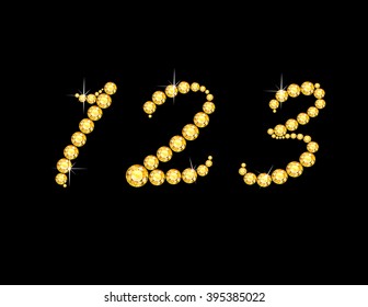 Numbers 1, 2 and 3 in stunning Citrine Script precious round jewels, isolated on black. Vector EPS-10 file, transparency used. 