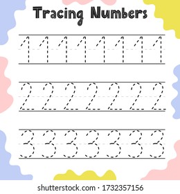 Numbers 1, 2, 3 tracing practice worksheet for kids. Educational activity page for toddlers. Motor skills training. Vector illustration