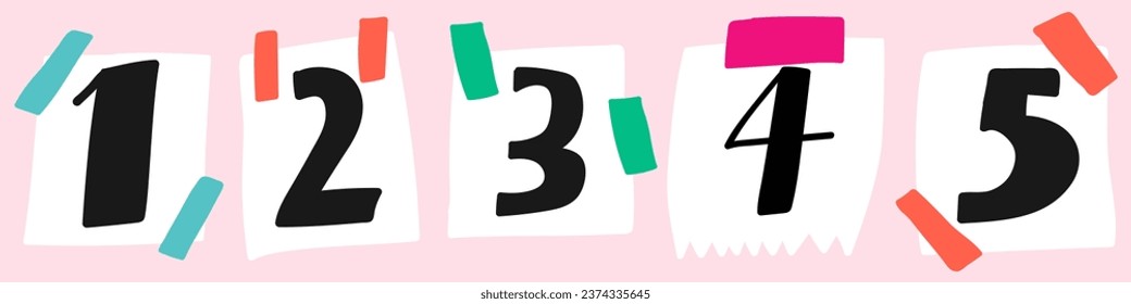 Numbers 1 - 5 on paper notes. One, two, three, four, five. Vector graphic design illustration on pink background.