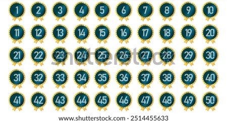 Numbers 1 to 50 award design, gold emblem with yellow star ribbon