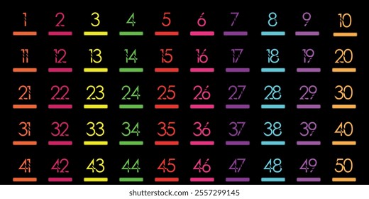 Numbers, 1 to 50 below there is a colorful line text for children random mix colorful premium