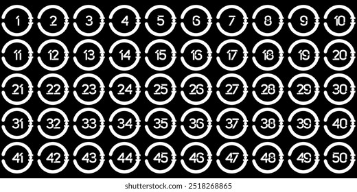 Numbers, 1 to 50 black white circles angled triangle pieces